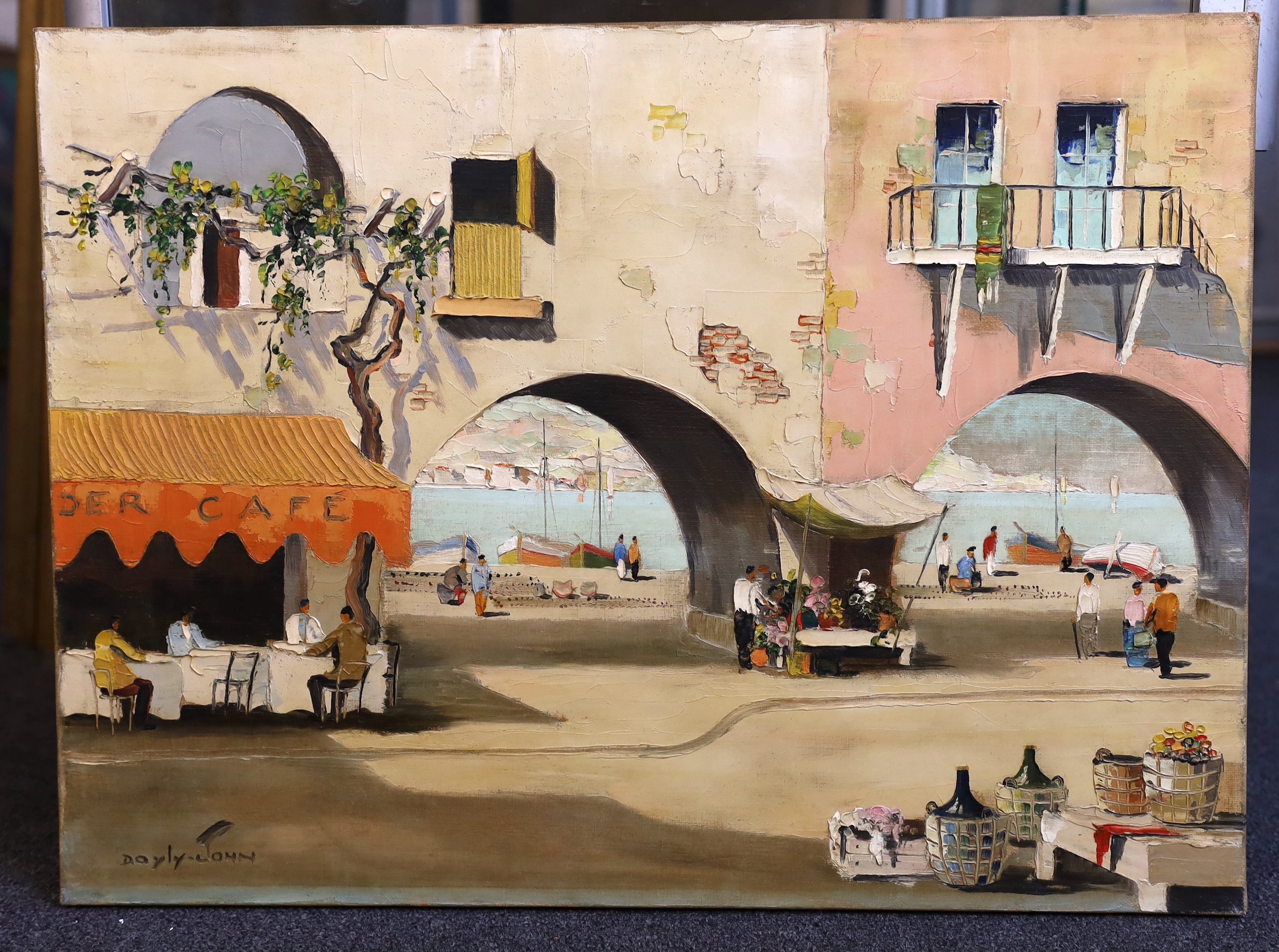 Cecil Rochfort D'Oyly-John (British, 1906-1993), Café in arches, South of France, oil on canvas, 43 x 58cm